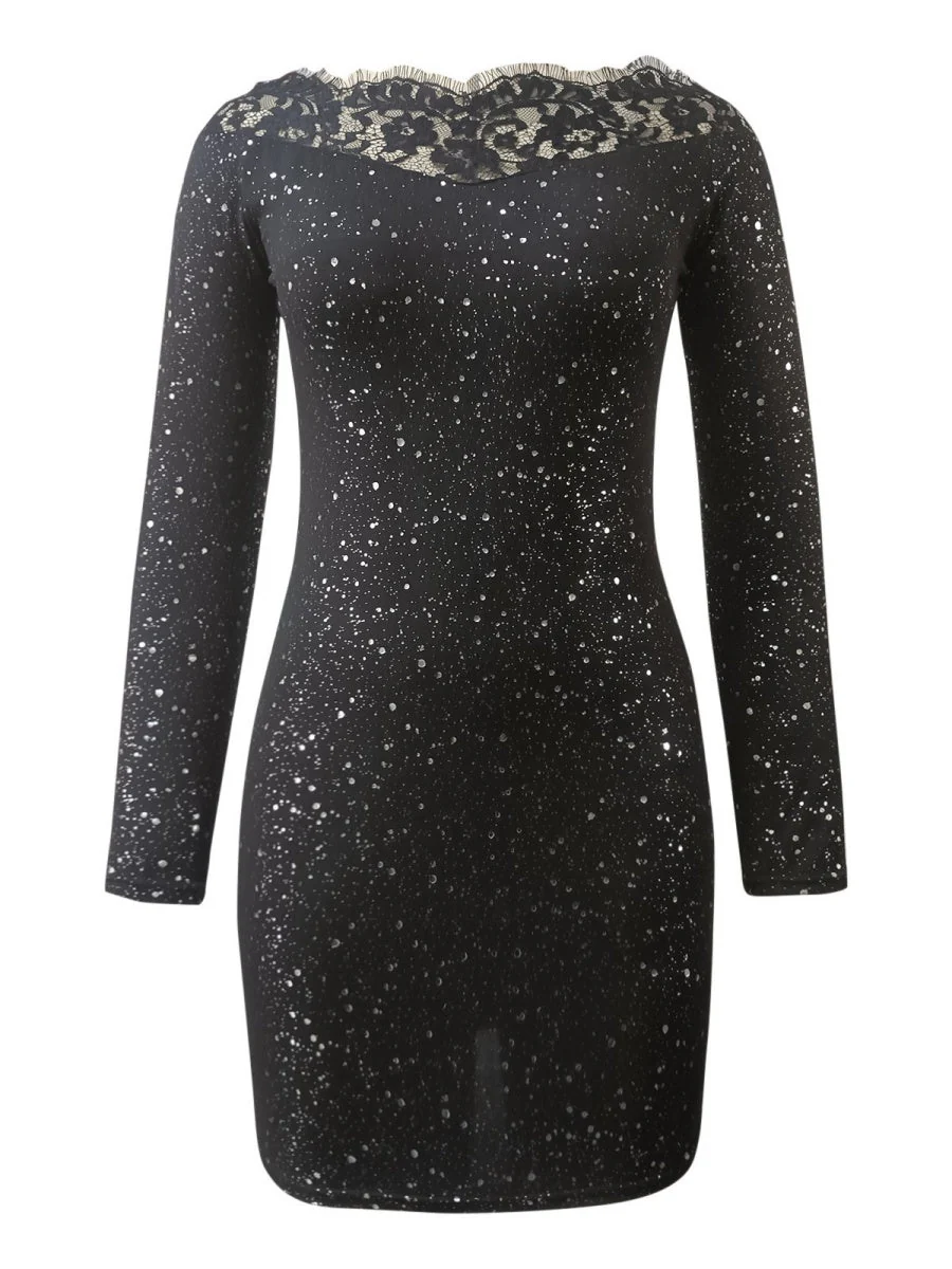 Off-the-shoulder Lace Splicing Sexy Silver-stamped Off-shoulder Bodycon Black Evening Mini Dress - Image 2
