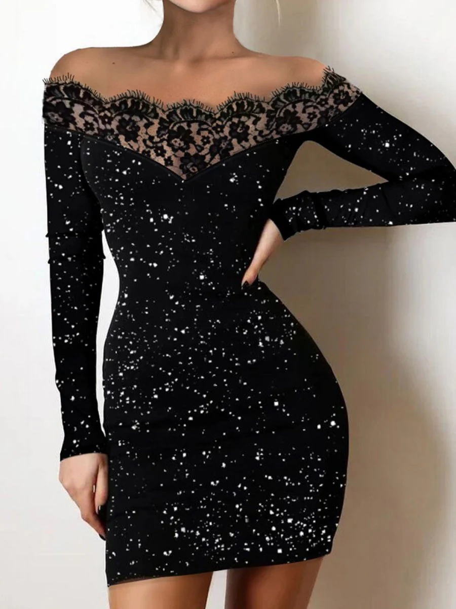 Off-the-shoulder Lace Splicing Sexy Silver-stamped Off-shoulder Bodycon Black Evening Mini Dress - Image 3