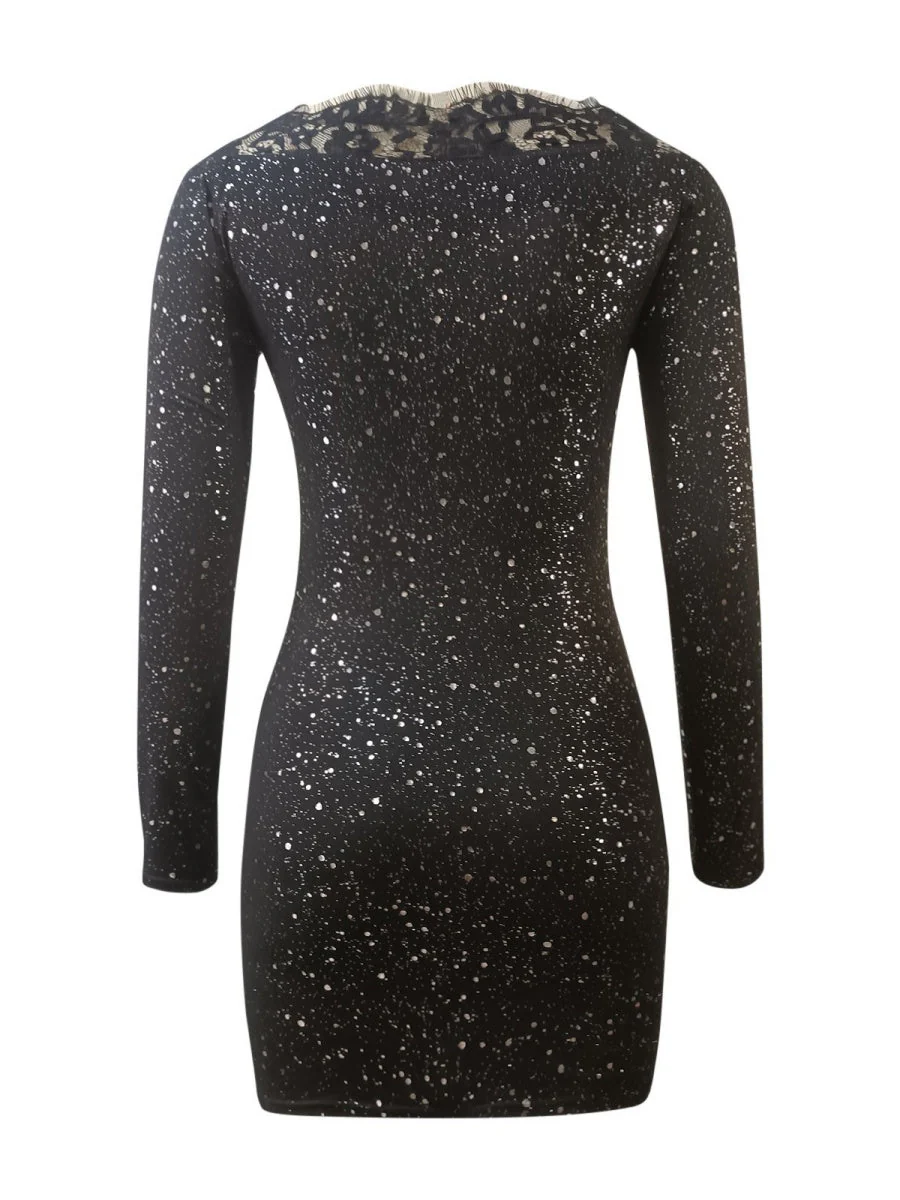 Off-the-shoulder Lace Splicing Sexy Silver-stamped Off-shoulder Bodycon Black Evening Mini Dress - Image 5