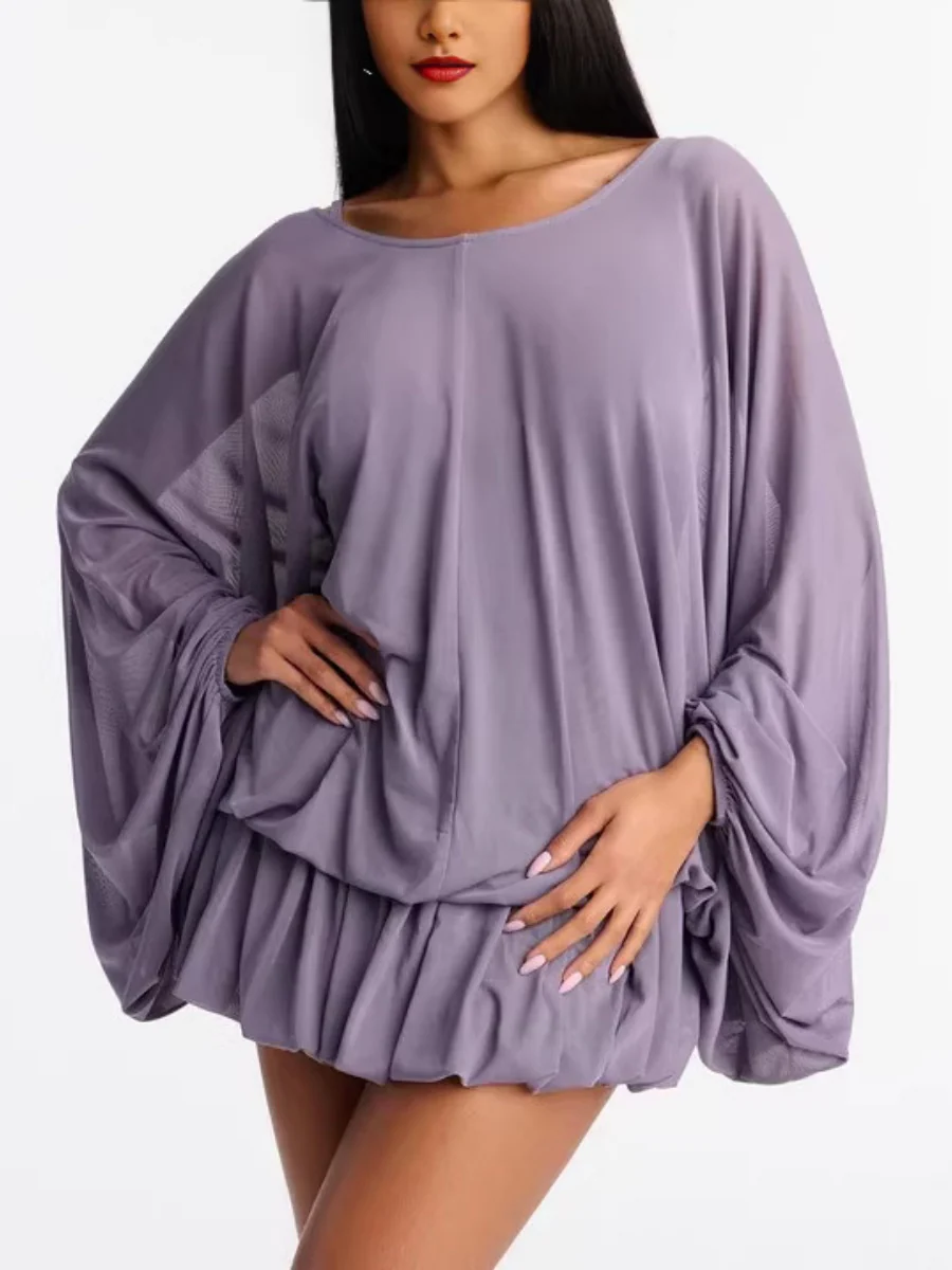 Batwing Sleeves Backless Bandage Ruffled Edges Purple Mini&Short Dresses - Image 2