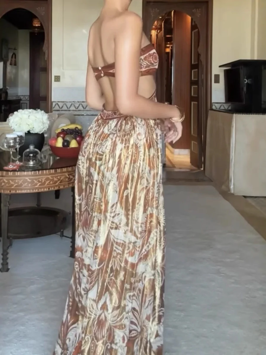 Tube Top Printed Hollow Satin Vacation Maxi Dresses - Image 2