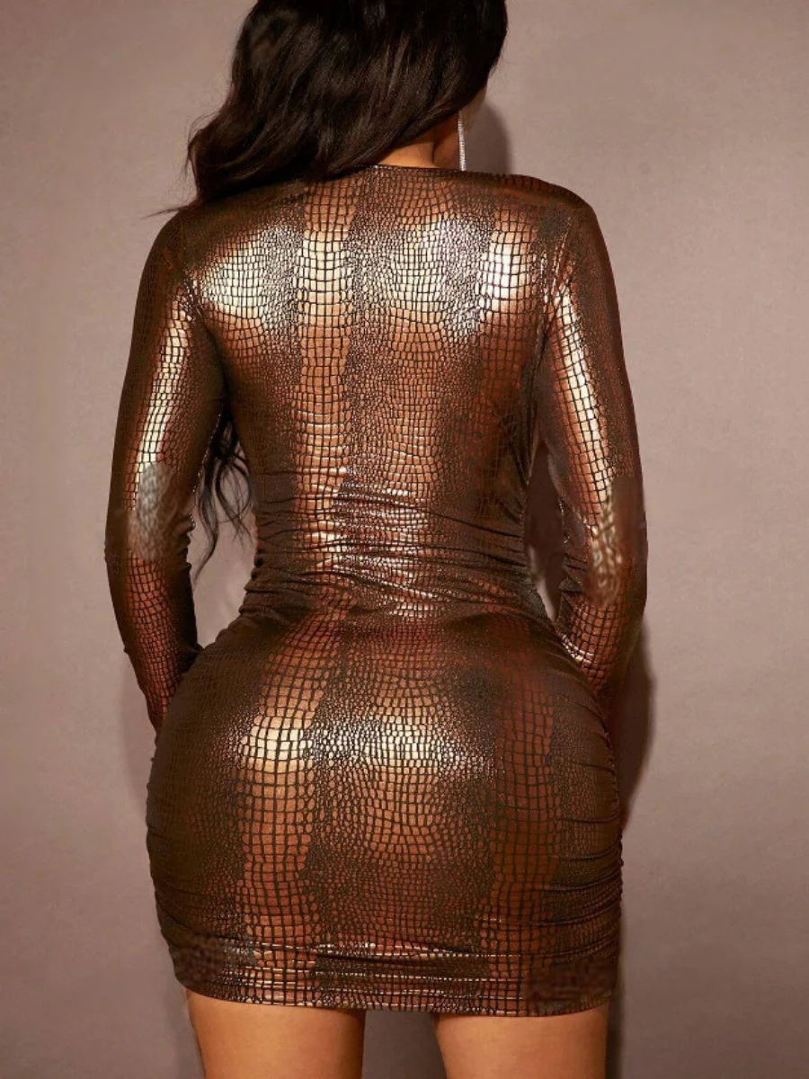 Long Sleeve Crocodile Patent Leather Slim Fit Party Tight Mini Dress - Image 7