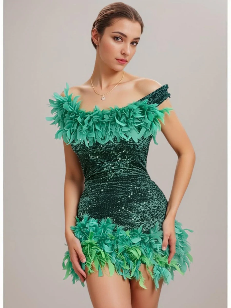 Sequined Backless Off Shoulder Feather Hip Mini&Short Dresses - Image 2