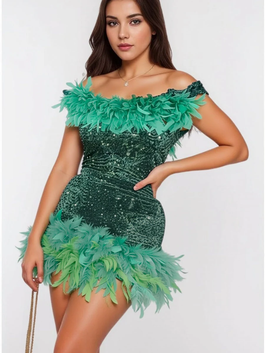 Sequined Backless Off Shoulder Feather Hip Mini&Short Dresses - Image 3