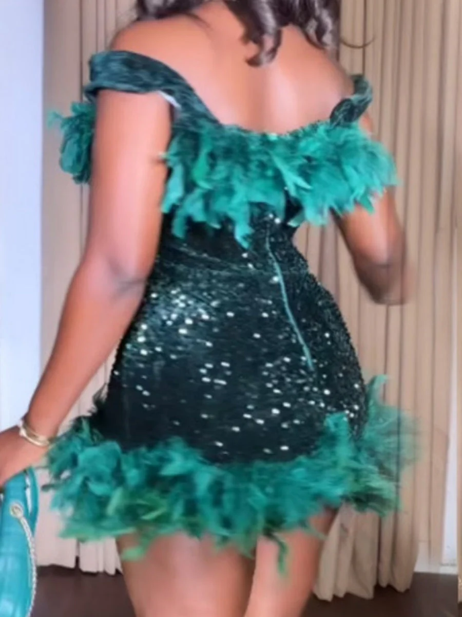 Sequined Backless Off Shoulder Feather Hip Mini&Short Dresses - Image 4