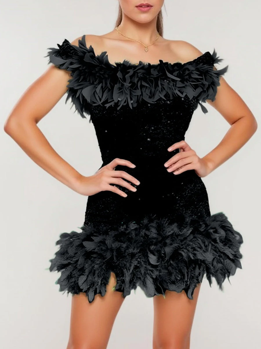 Sequined Backless Off Shoulder Feather Hip Mini&Short Dresses - Image 6
