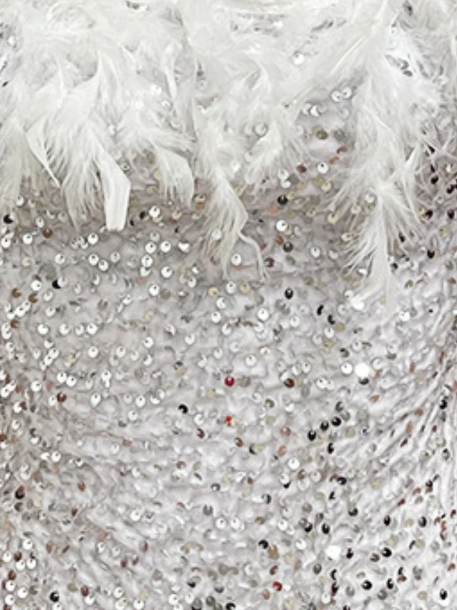 Sequined Backless Off Shoulder Feather Hip Mini&Short Dresses - Image 9