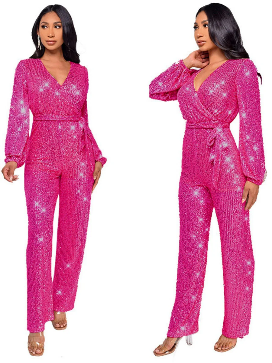 Deep V Long Sleeve Belt Sequins Jumpsuit - Image 12