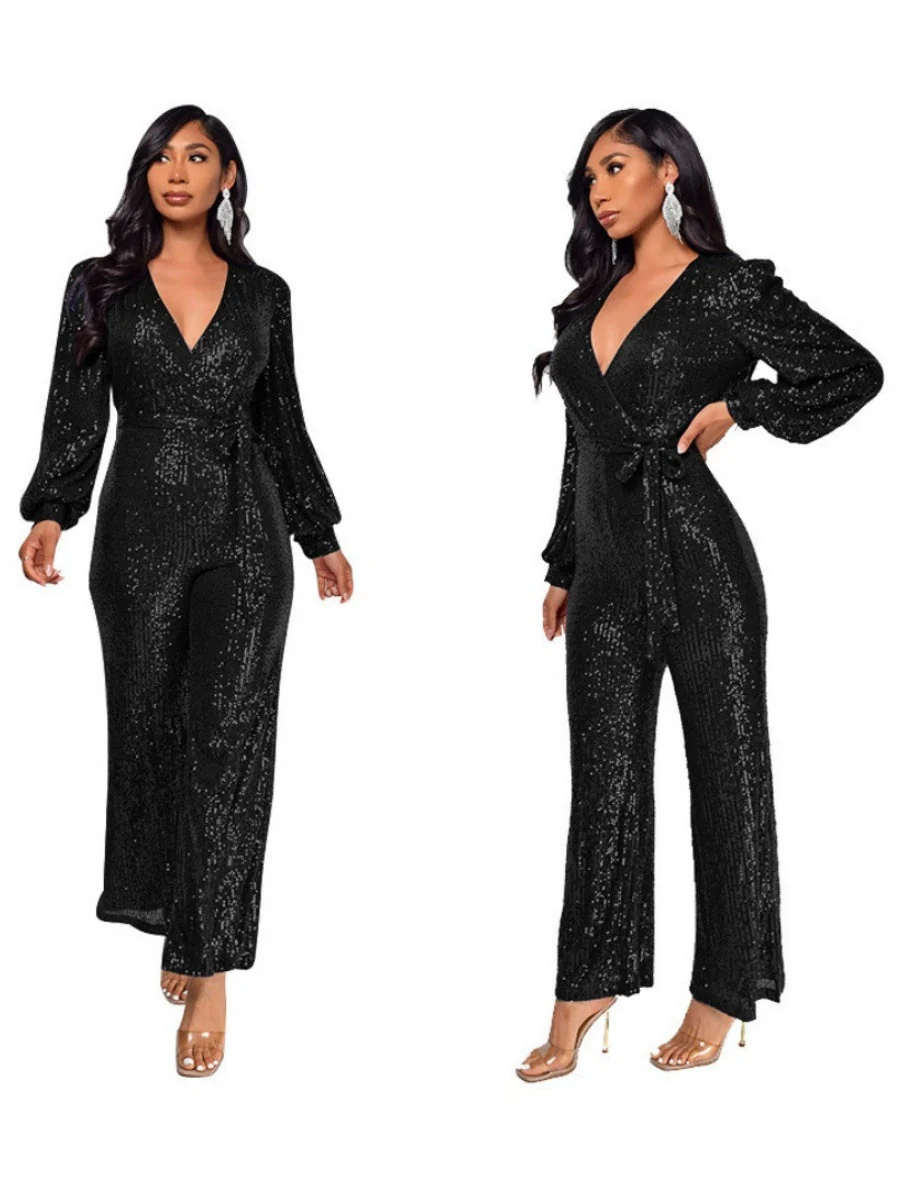 Deep V Long Sleeve Belt Sequins Jumpsuit - Image 3