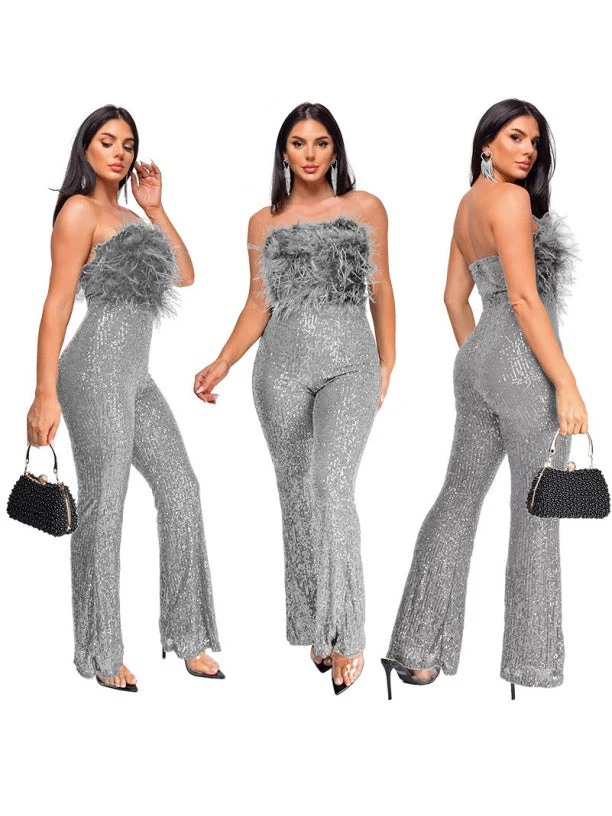 Sleeveless Backless Sequined Feather Flared Leg Jumpsuit - Image 12