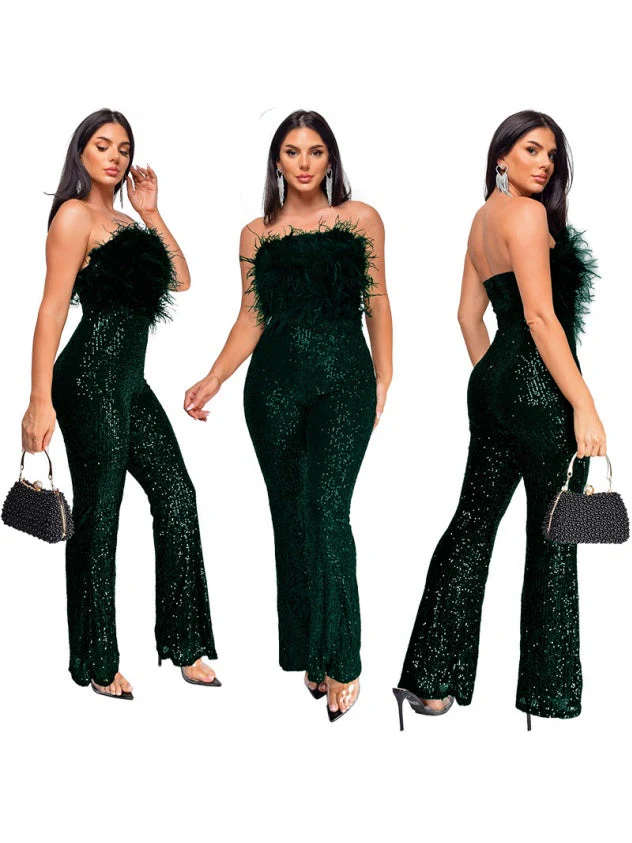 Sleeveless Backless Sequined Feather Flared Leg Jumpsuit - Image 13