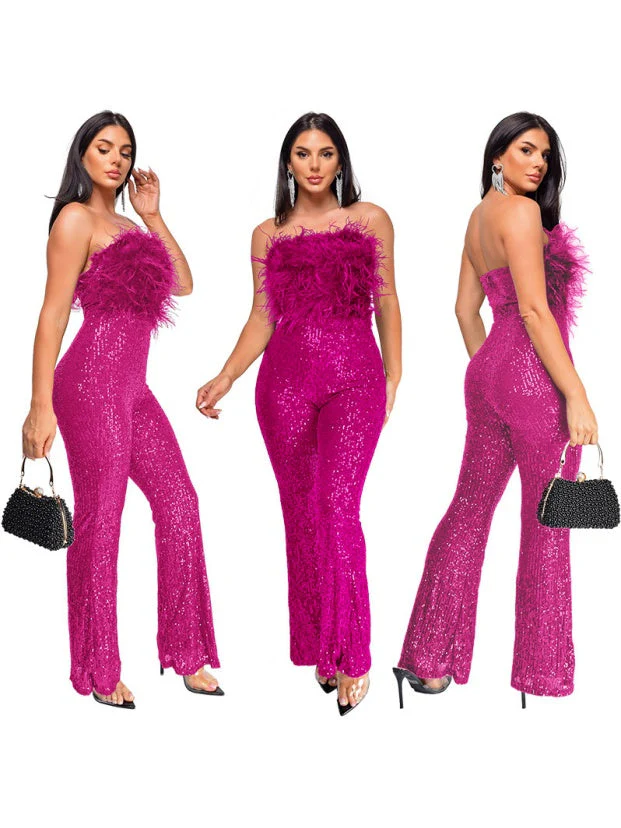 Sleeveless Backless Sequined Feather Flared Leg Jumpsuit - Image 16