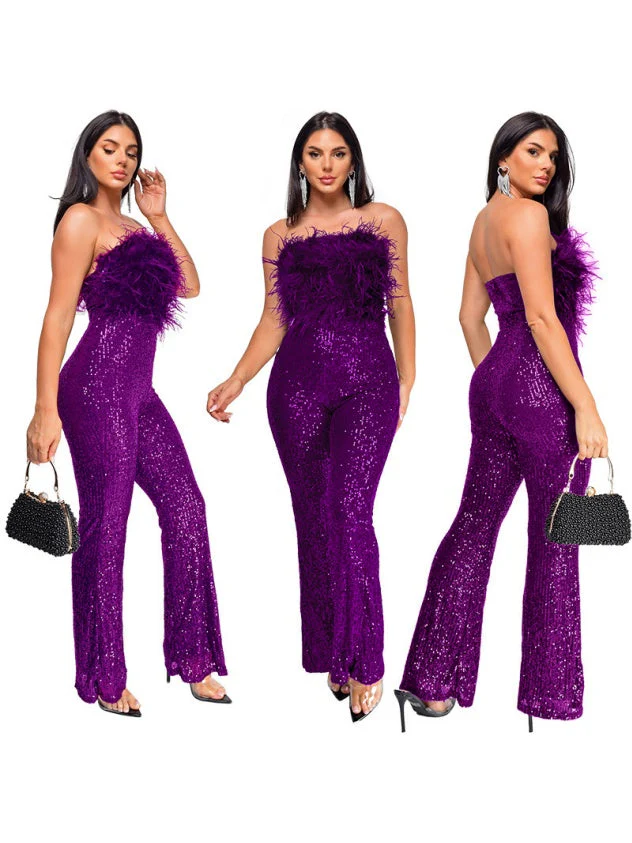 Sleeveless Backless Sequined Feather Flared Leg Jumpsuit - Image 5