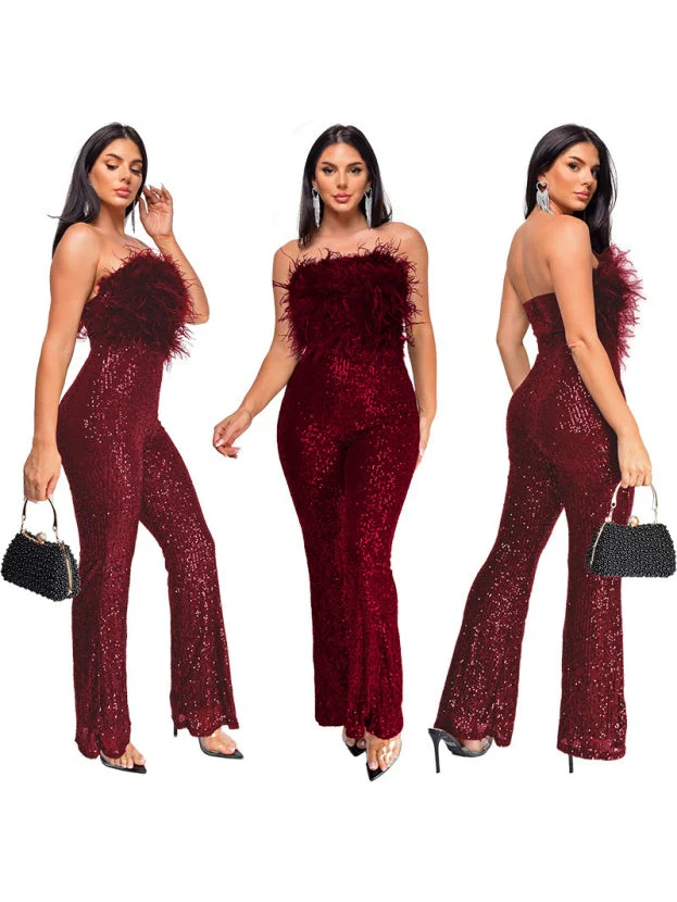 Sleeveless Backless Sequined Feather Flared Leg Jumpsuit - Image 6