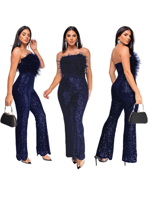 Sleeveless Backless Sequined Feather Flared Leg Jumpsuit - Image 7