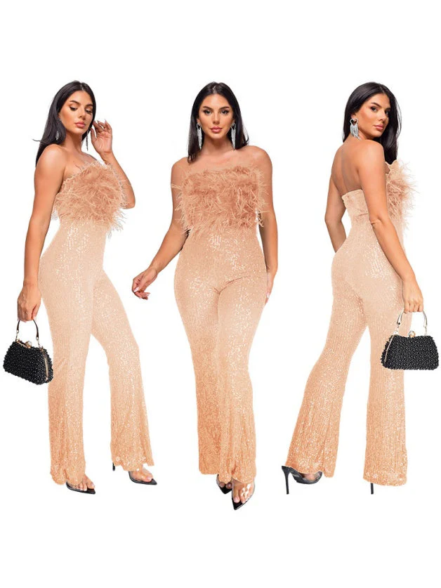 Sleeveless Backless Sequined Feather Flared Leg Jumpsuit - Image 8