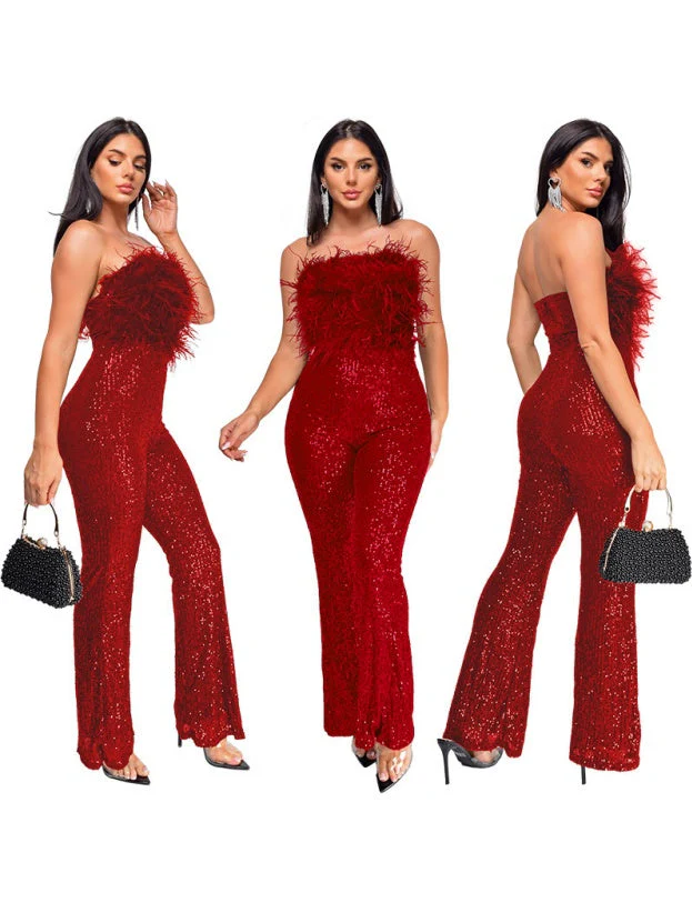 Sleeveless Backless Sequined Feather Flared Leg Jumpsuit - Image 9