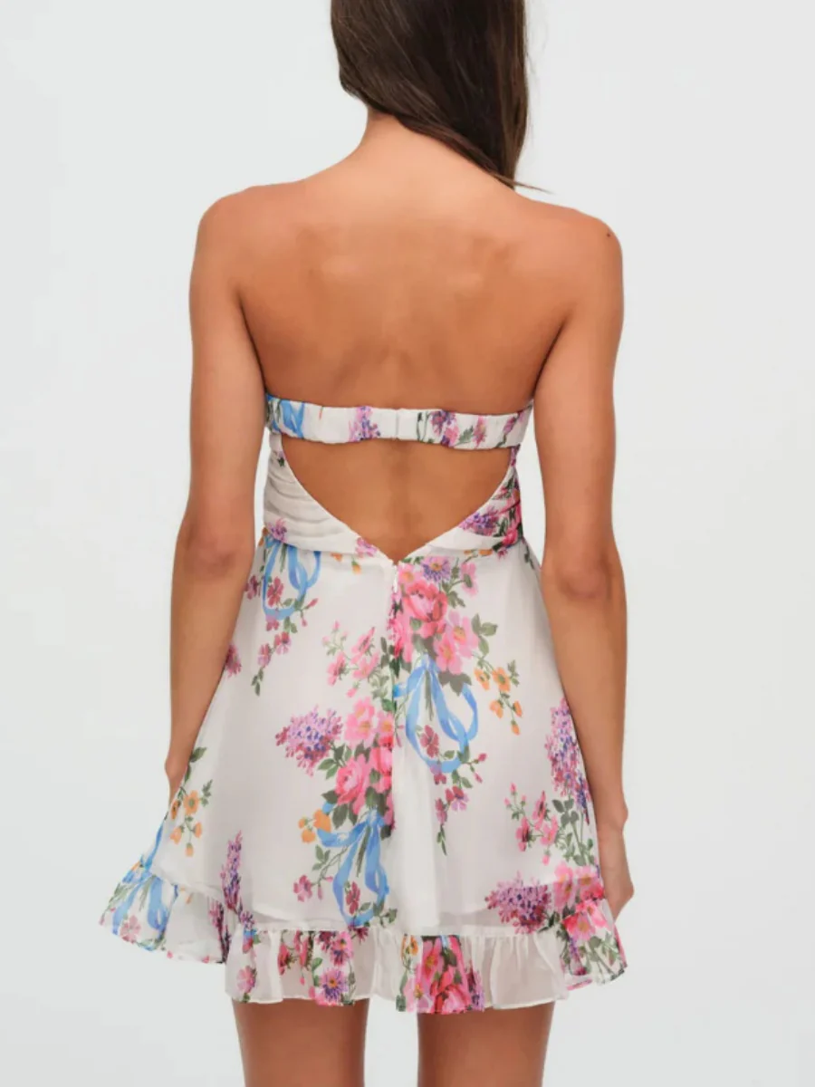 Backless Semi-transparent Floral Strapless A-line Mini Dress - Image 2