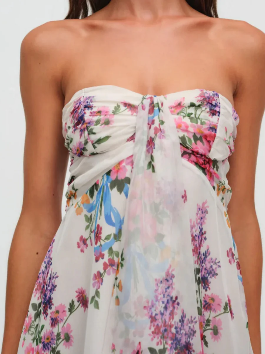 Backless Semi-transparent Floral Strapless A-line Mini Dress - Image 3