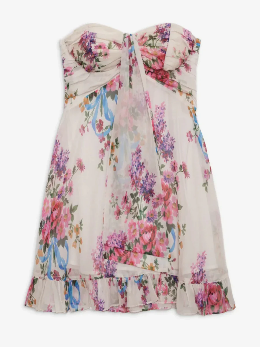 Backless Semi-transparent Floral Strapless A-line Mini Dress - Image 4