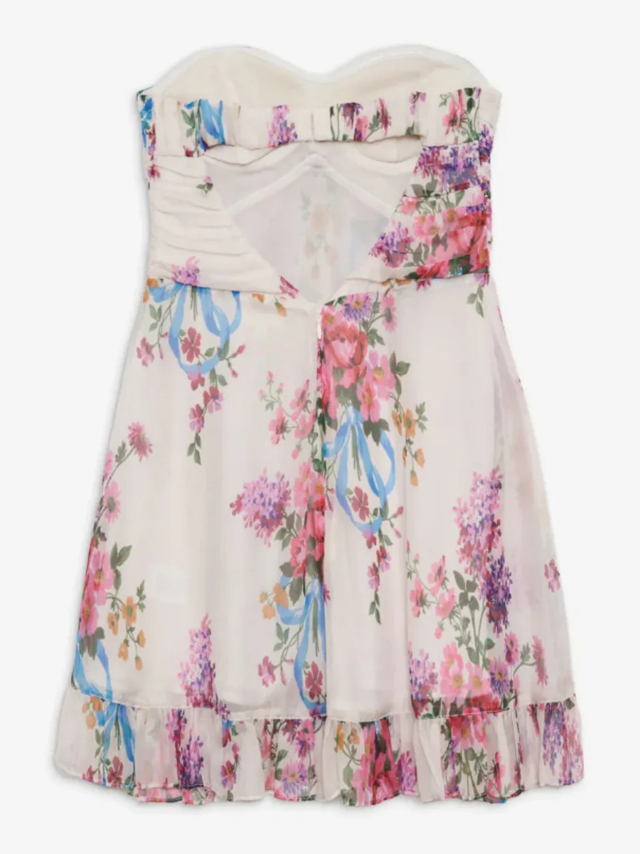 Backless Semi-transparent Floral Strapless A-line Mini Dress - Image 5