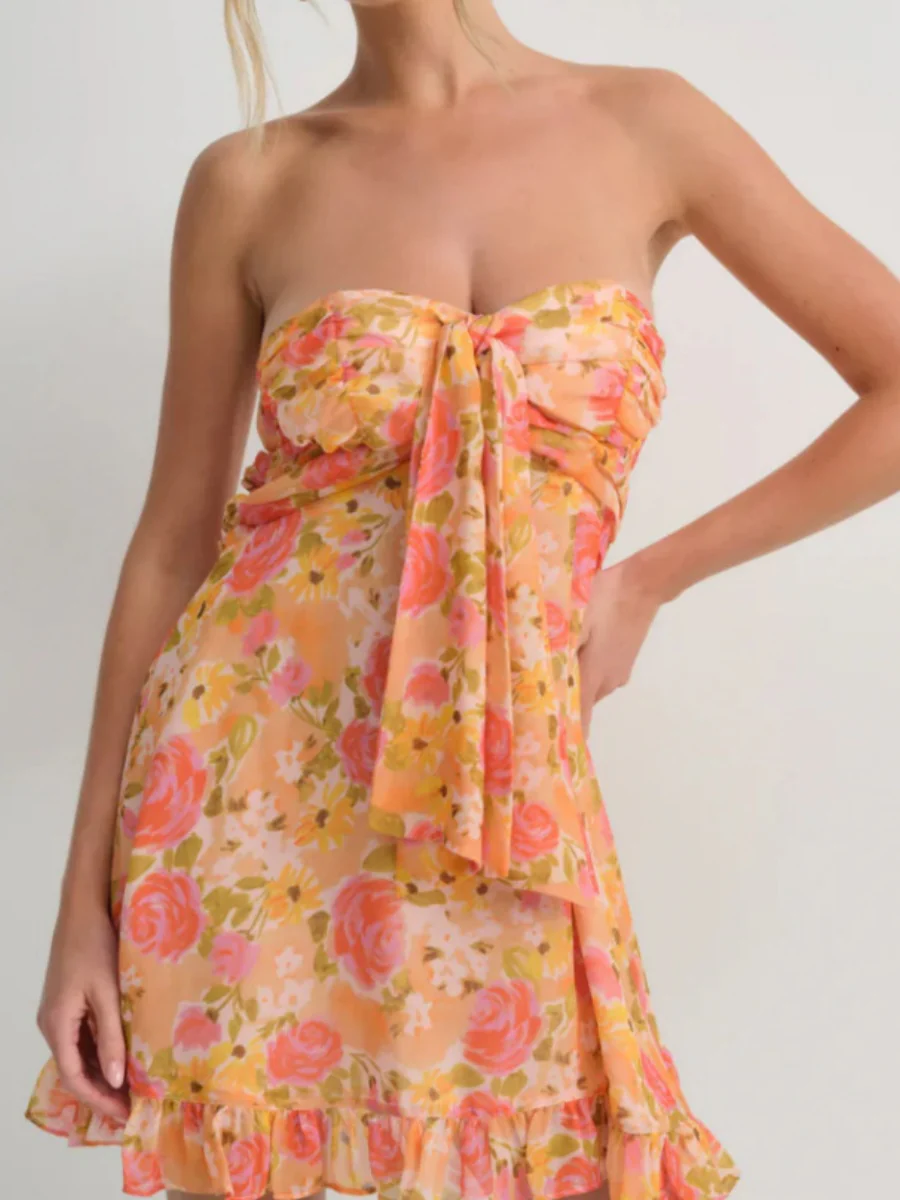 Backless Semi-transparent Floral Strapless A-line Mini Dress - Image 6
