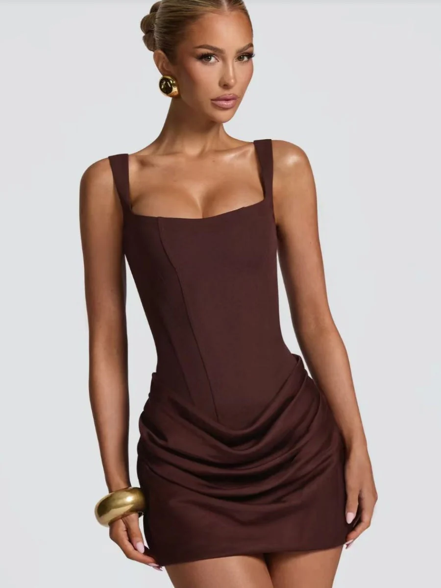 Square Collar High Waist Pleated Parties Cocktail Party Fishbone Decoration Satin Short Dress - Image 2
