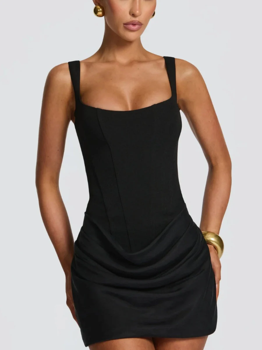 Square Collar High Waist Pleated Parties Cocktail Party Fishbone Decoration Satin Short Dress - Image 4