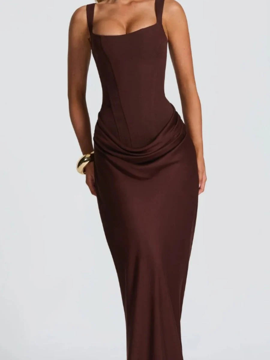 Fish Bones Waist Corset Pleated Camisoles Sleeveless Hip-hugging Maxi Dresses - Image 3
