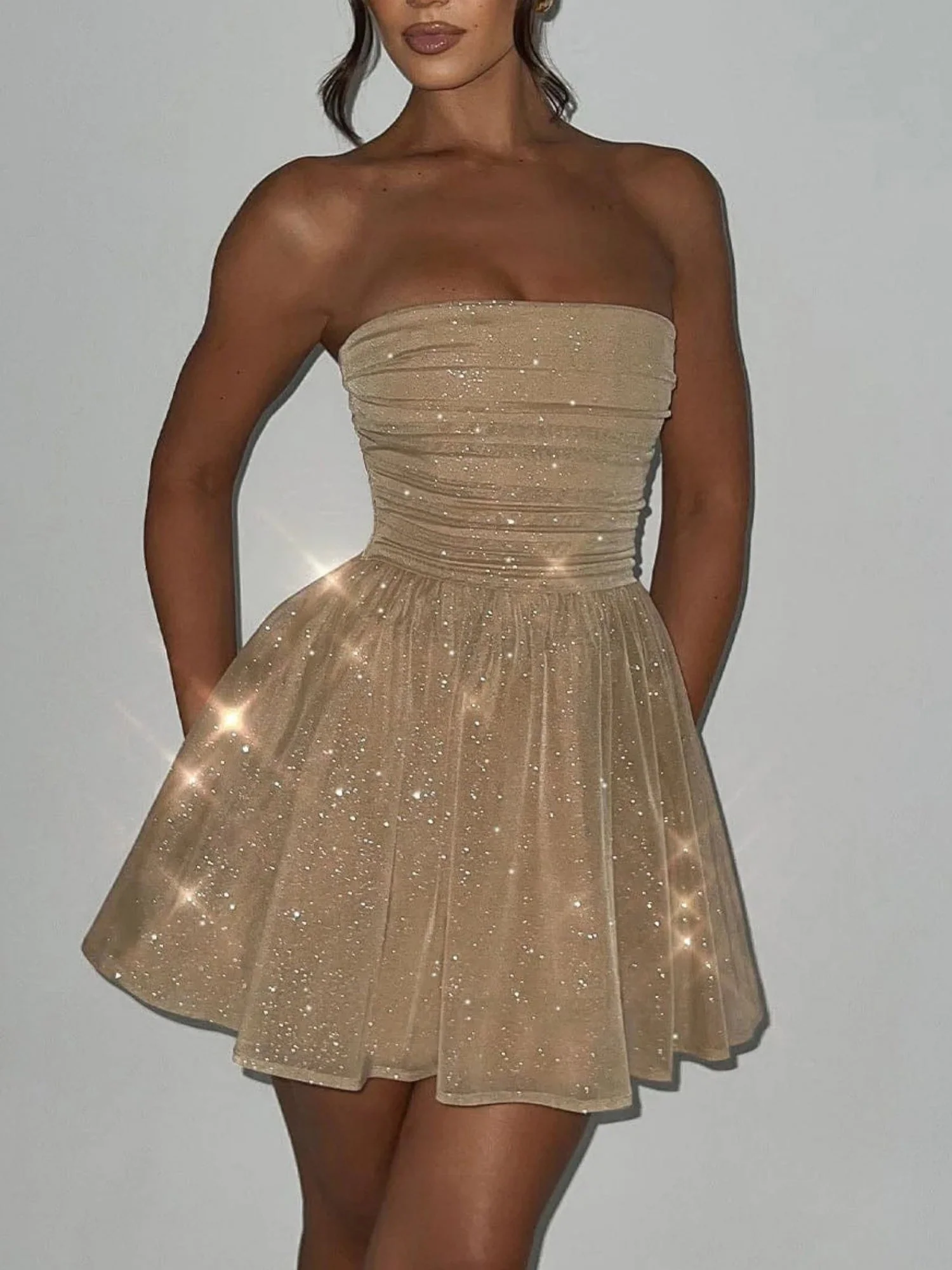 Bow Sequins Mesh Off-shoulder Mini Dresses - Image 10