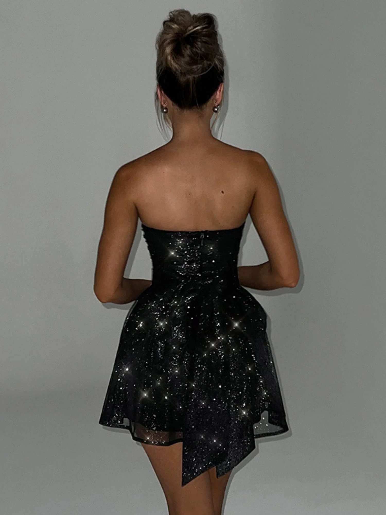 Bow Sequins Mesh Off-shoulder Mini Dresses - Image 4