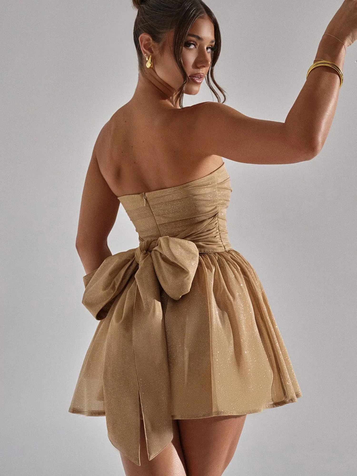 Bow Sequins Mesh Off-shoulder Mini Dresses - Image 8
