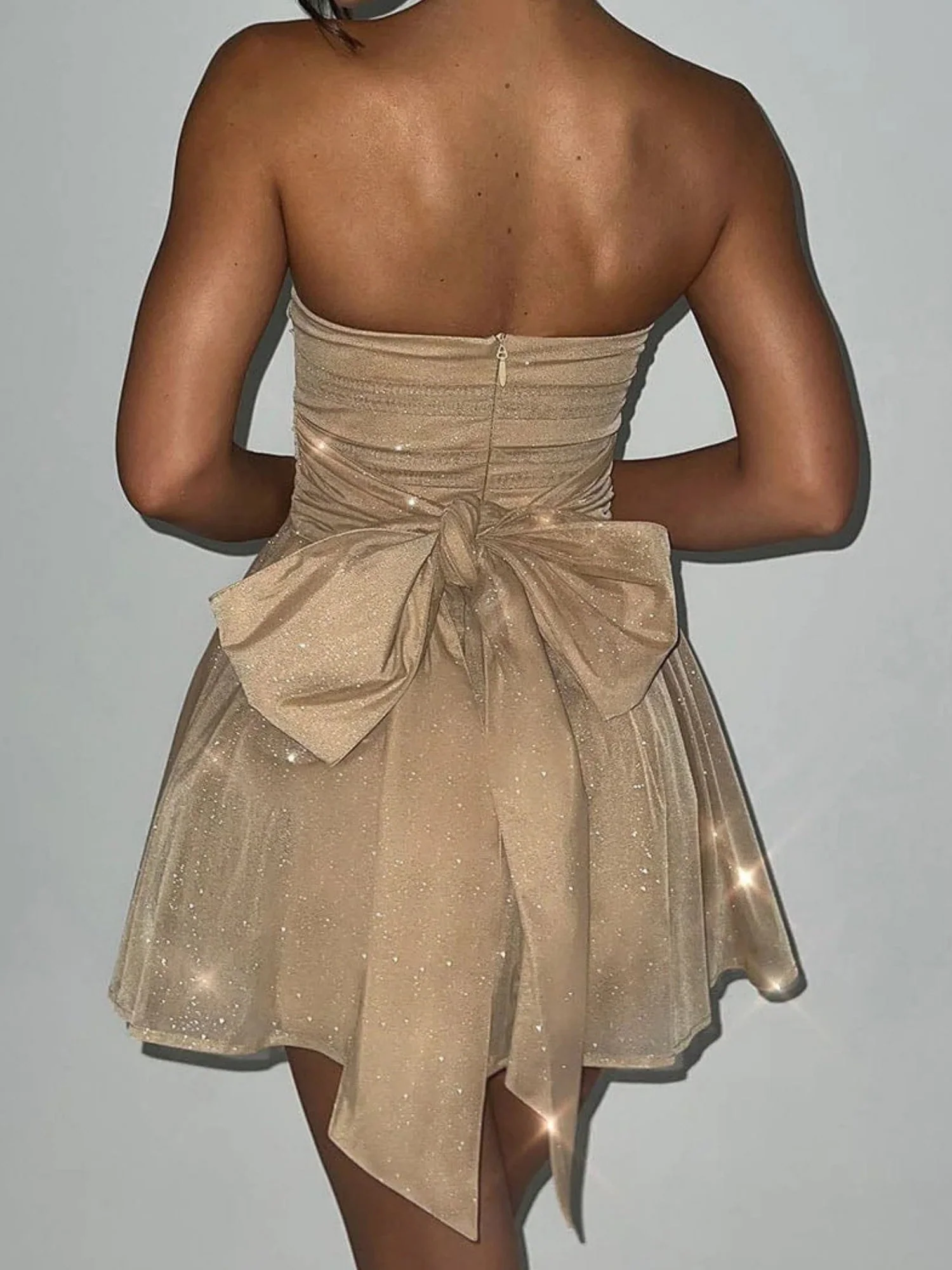 Bow Sequins Mesh Off-shoulder Mini Dresses - Image 9