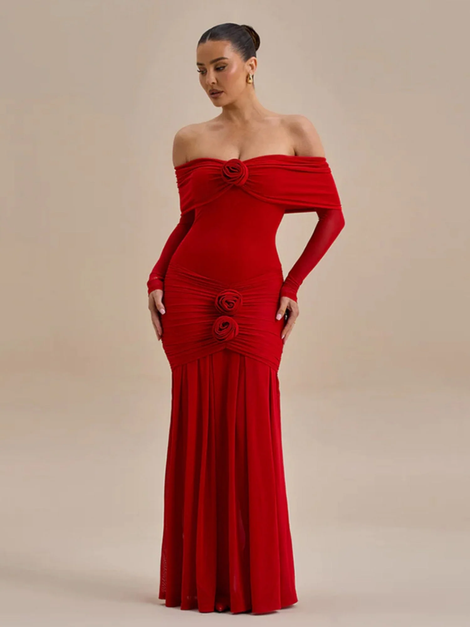 3D Flowers Valentine's Day Off-shoulder Pleated Maxi Dresses - Image 2