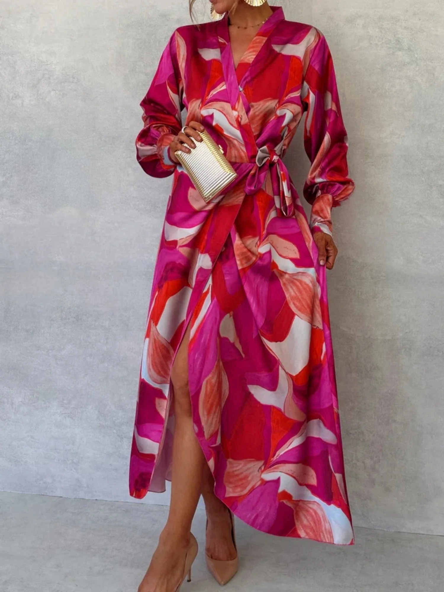 Floral Print V-neck Long Sleeve Lace-up Forks Maxi Dresses - Image 2