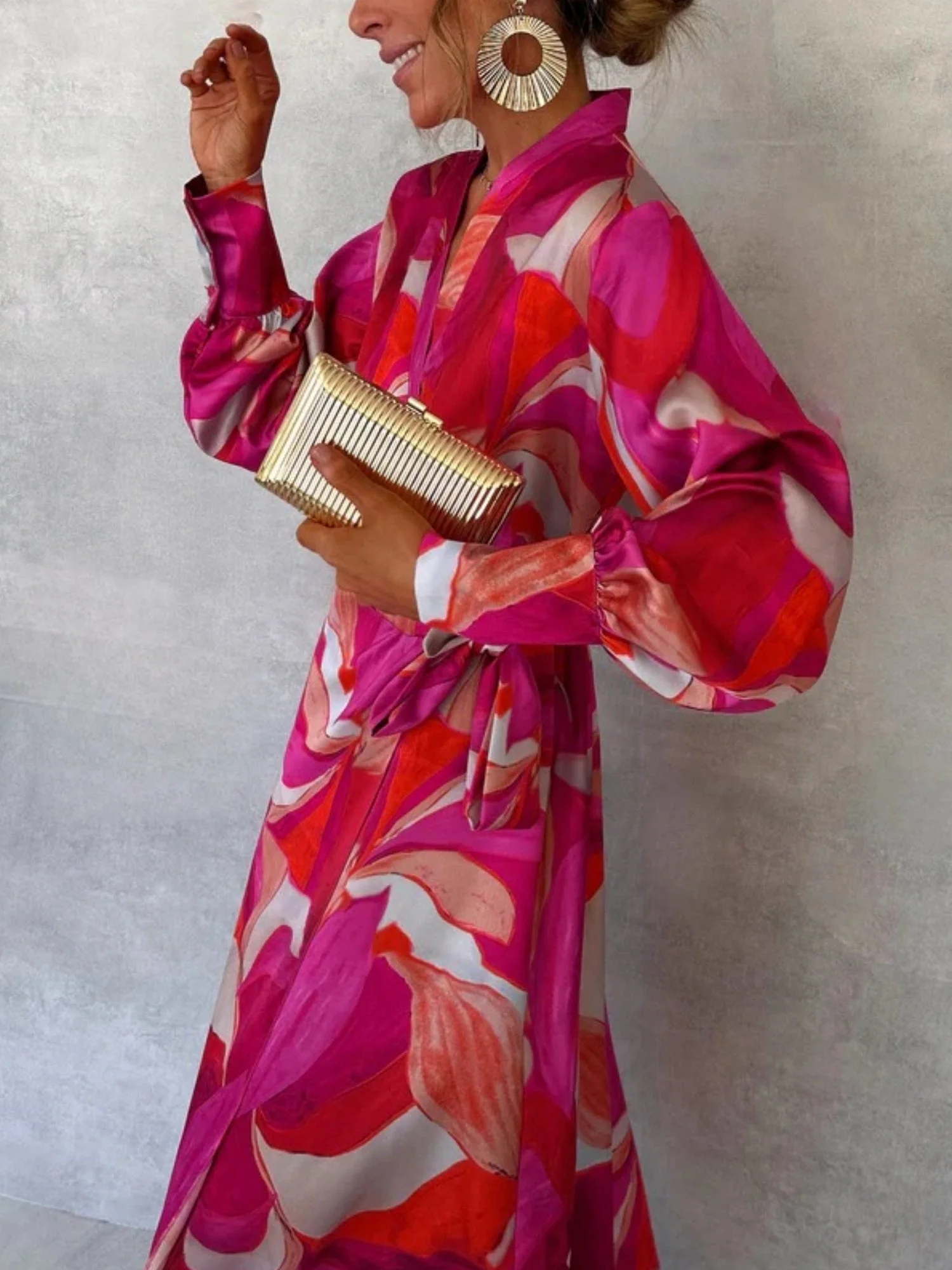 Floral Print V-neck Long Sleeve Lace-up Forks Maxi Dresses - Image 3