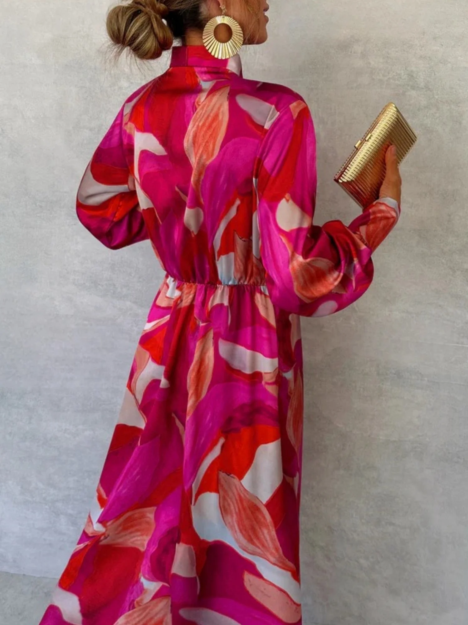 Floral Print V-neck Long Sleeve Lace-up Forks Maxi Dresses - Image 4