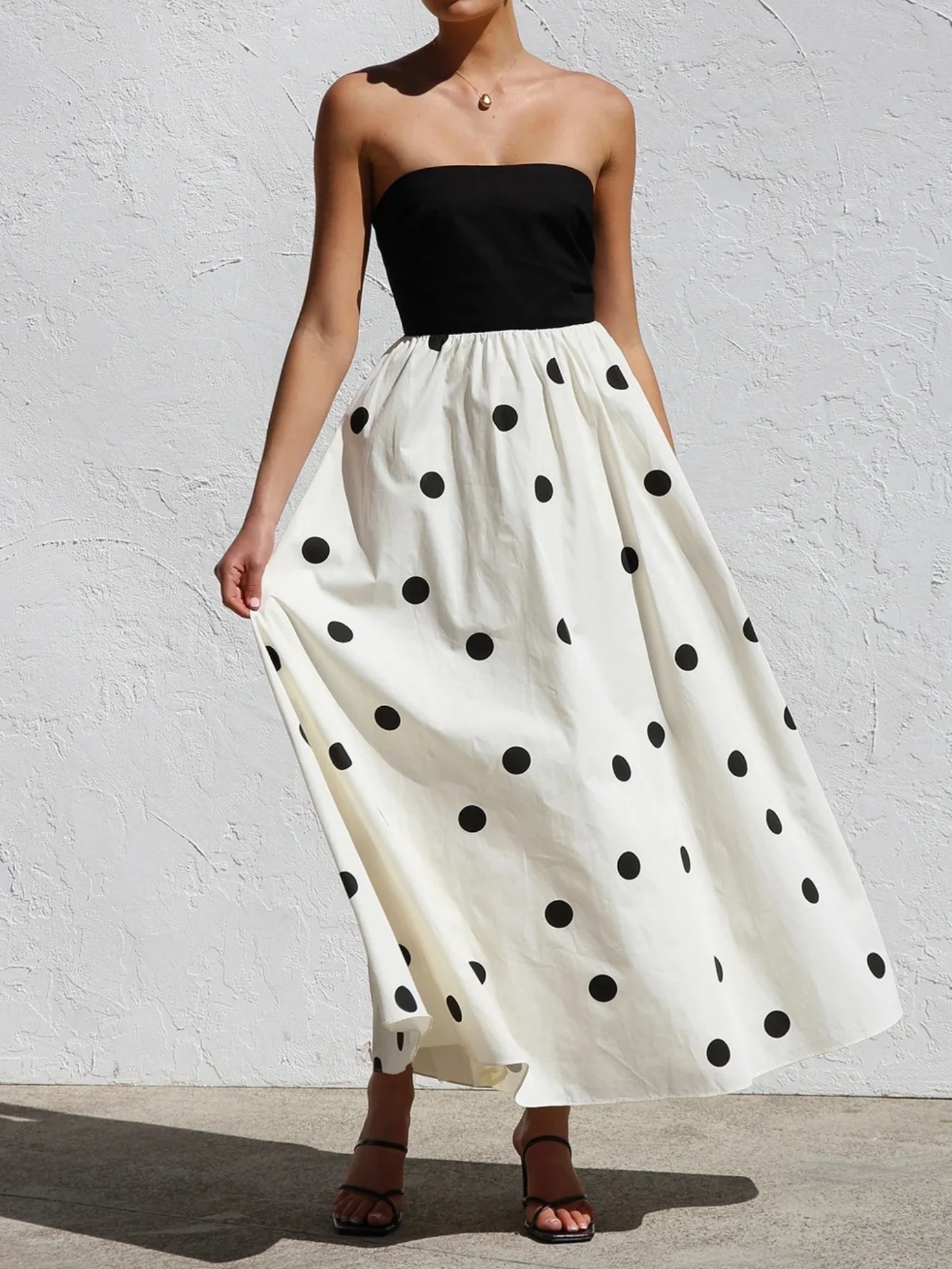 Polka Dots Patchwork Bustier A-line Skirt Maxi Dresses - Image 3