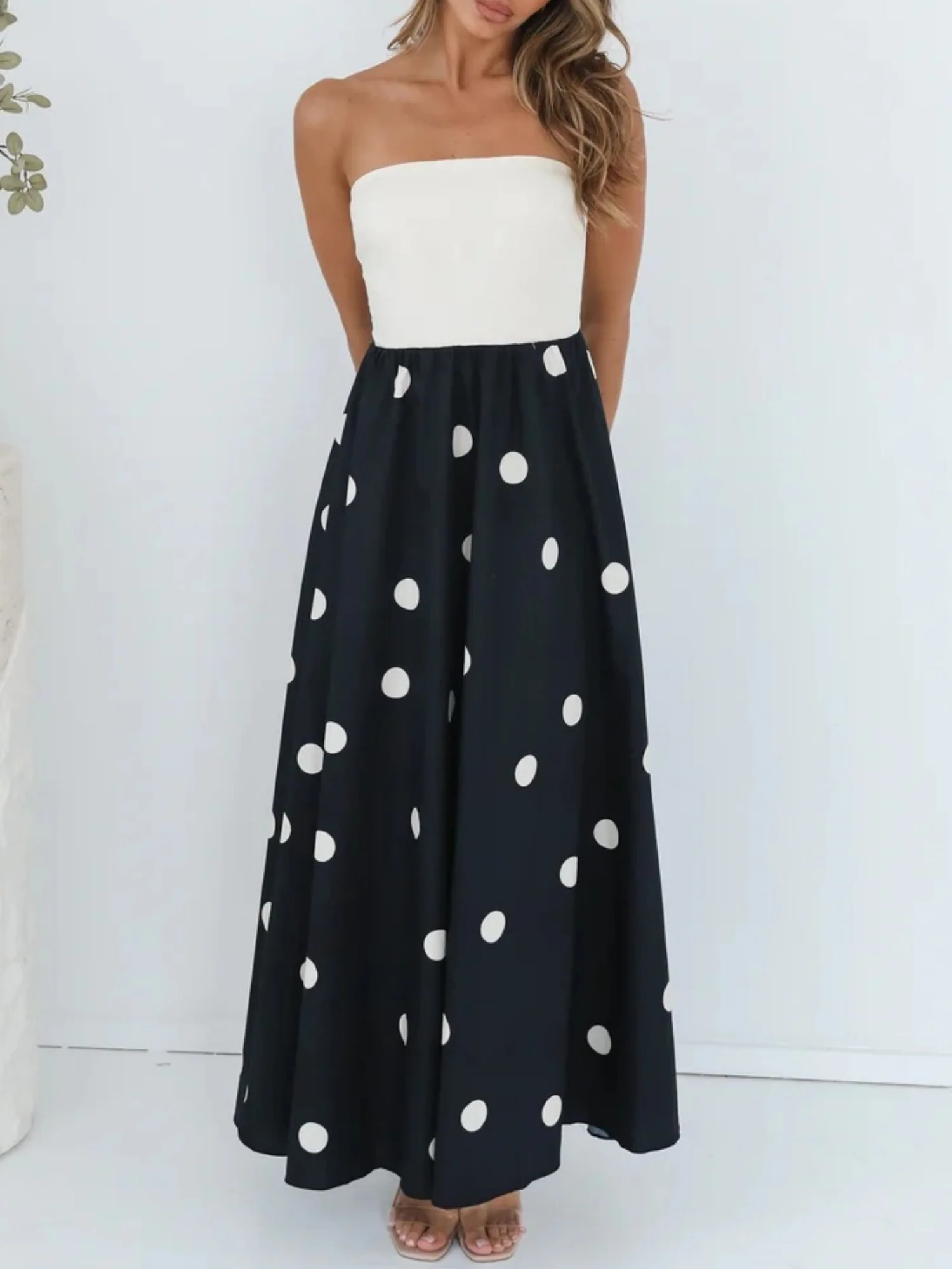 Polka Dots Patchwork Bustier A-line Skirt Maxi Dresses - Image 4