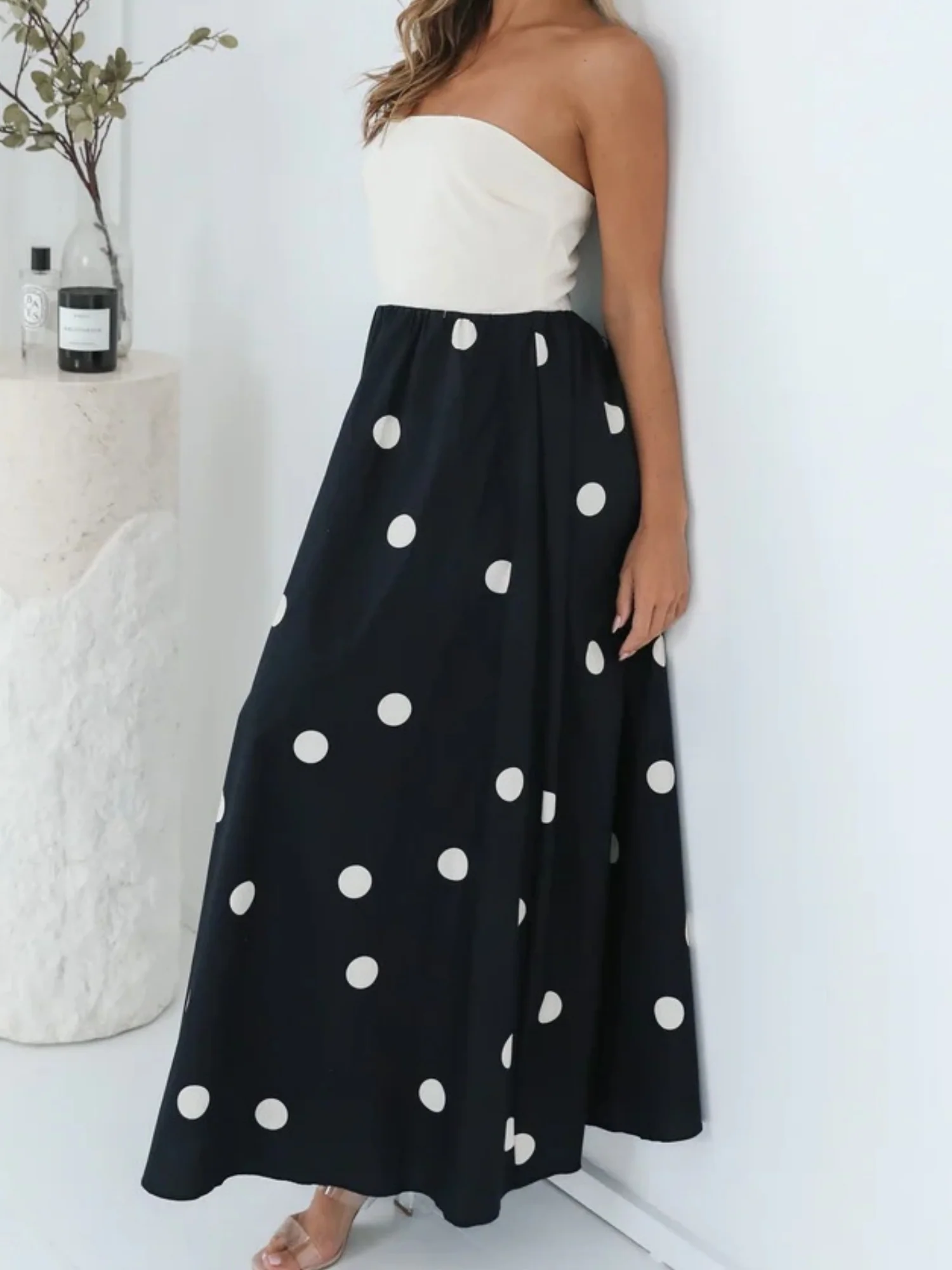 Polka Dots Patchwork Bustier A-line Skirt Maxi Dresses - Image 6