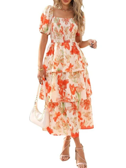 Square Neck Short-sleeved Chiffon Long Dress With A Fitted Waist And Floral Print - Image 3
