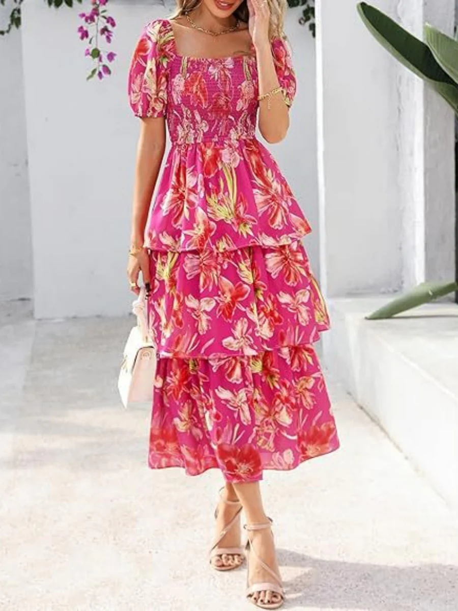Square Neck Short-sleeved Chiffon Long Dress With A Fitted Waist And Floral Print - Image 4