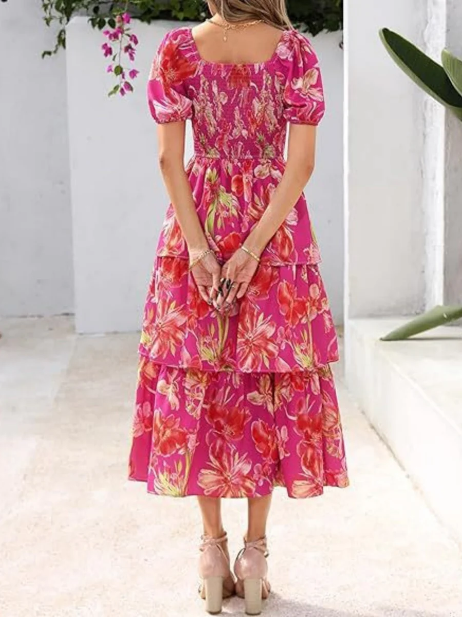 Square Neck Short-sleeved Chiffon Long Dress With A Fitted Waist And Floral Print - Image 5