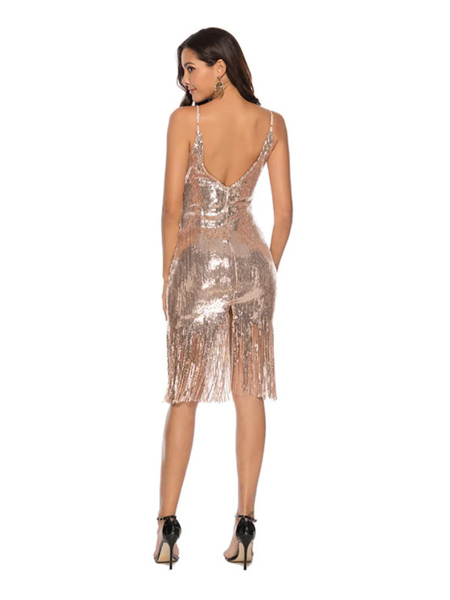 Deep V-neck Tassel Embroidery Sexy Sequined Backless Dress Midi Dresses - Image 10