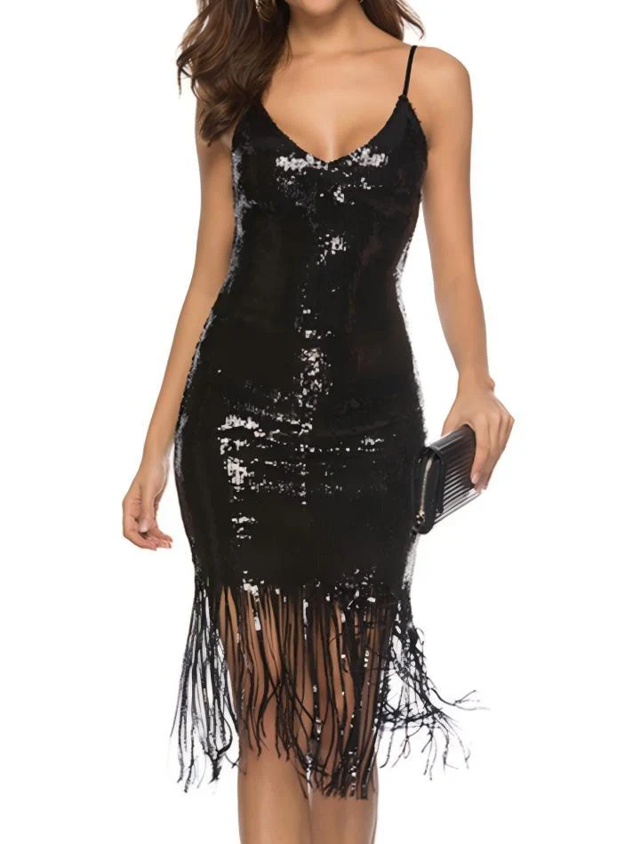 Deep V-neck Tassel Embroidery Sexy Sequined Backless Dress Midi Dresses - Image 4