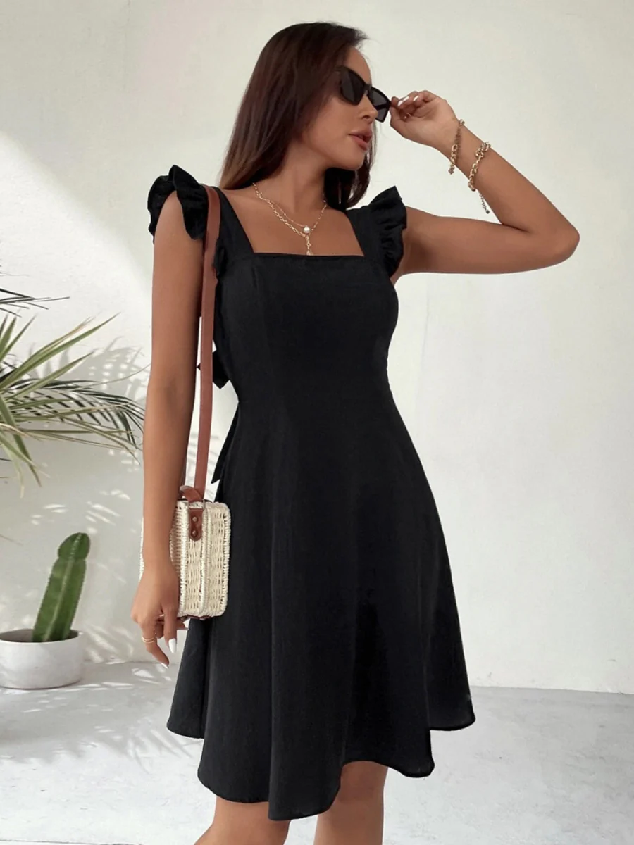 Pure Cotton Sweet Ruffled Back Hollow-Out Solid Color Short Dress - Image 10