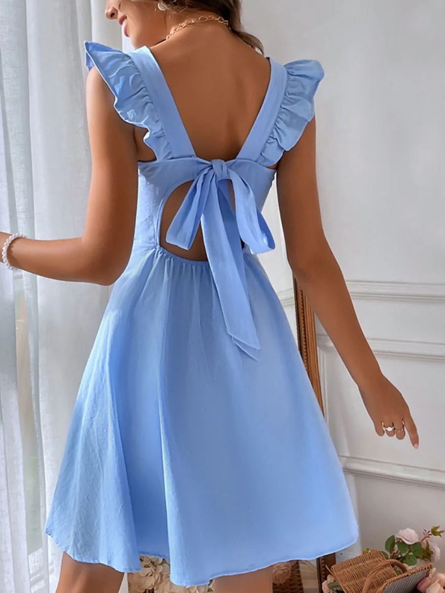 Pure Cotton Sweet Ruffled Back Hollow-Out Solid Color Short Dress - Image 4