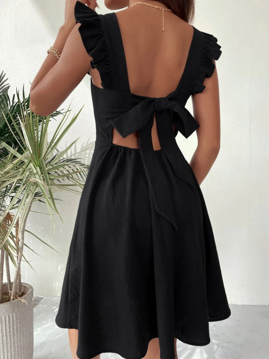 Pure Cotton Sweet Ruffled Back Hollow-Out Solid Color Short Dress - Image 8