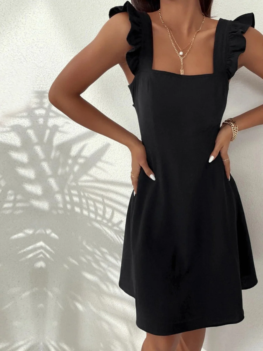 Pure Cotton Sweet Ruffled Back Hollow-Out Solid Color Short Dress - Image 9