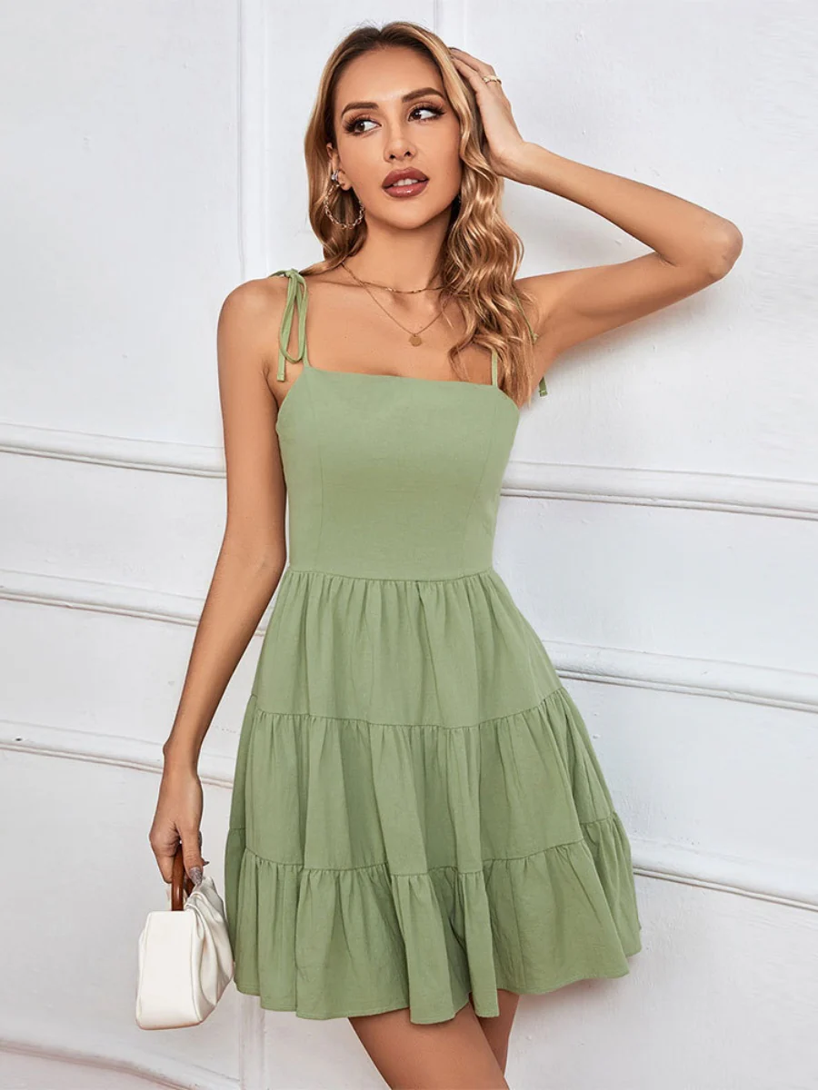 Pure Cotton Sleeveless Camisole Pleated Short Dress - Image 5
